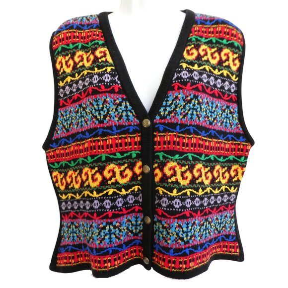 Liz Claiborne Sweaters - Vintage 80s Lizwear Sweater Vest Embroidered Knit Novelty Silver Buttons Hippie
